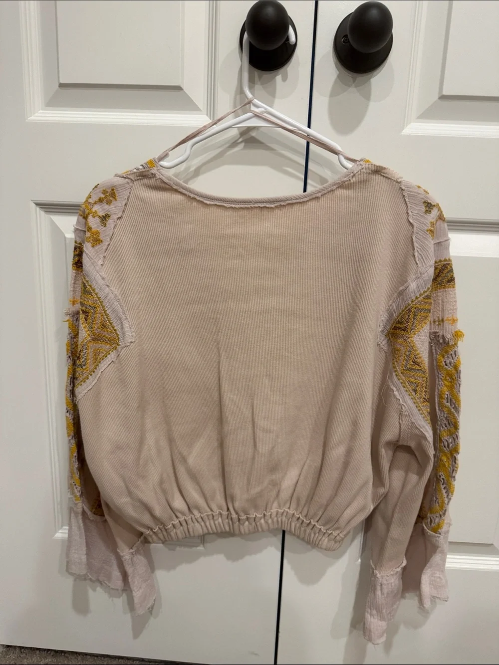 Free People Beige V-Neck Blouse with Mustard Embroidery XS